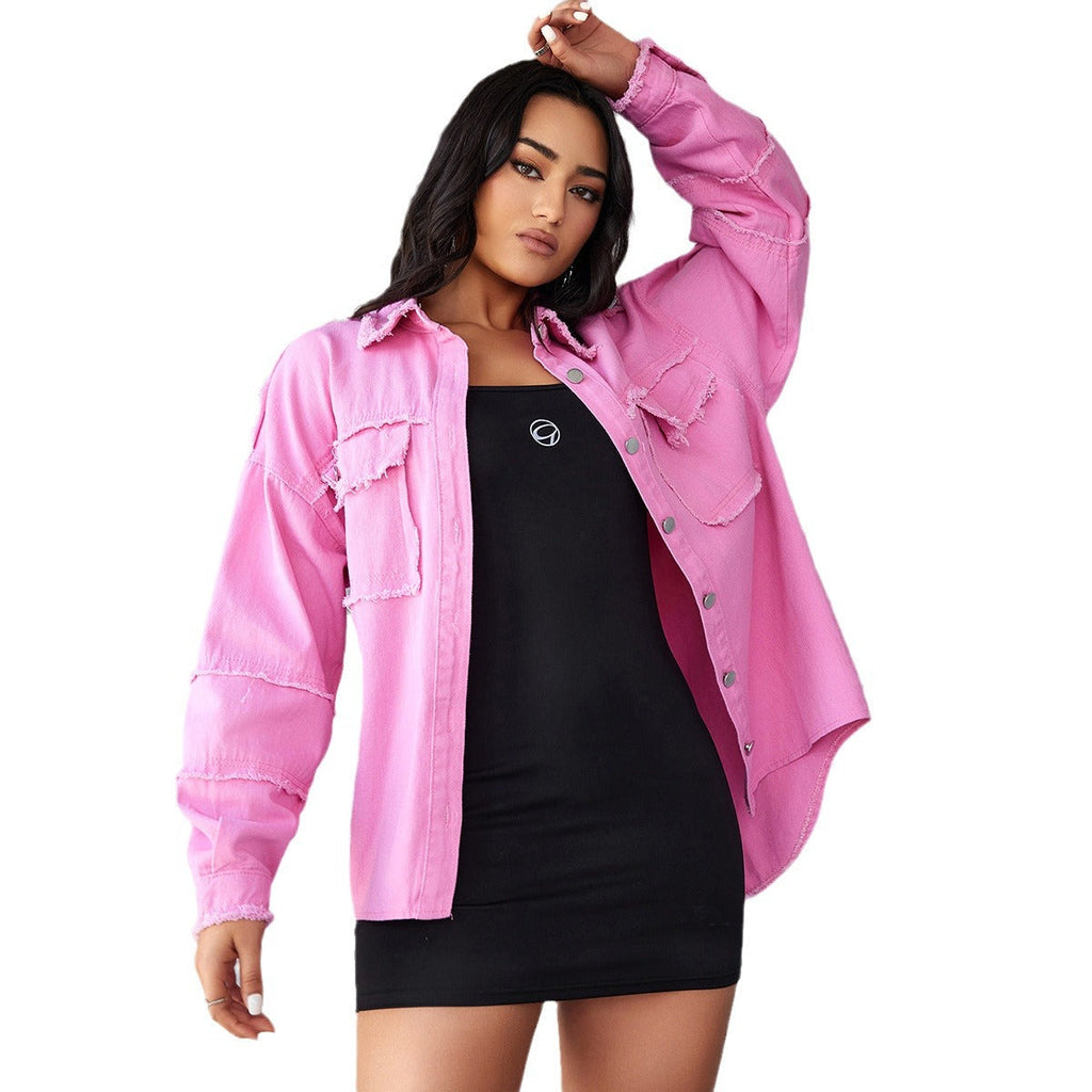 Women's Denim Blouse with Casual Cut and Decorative Fringe