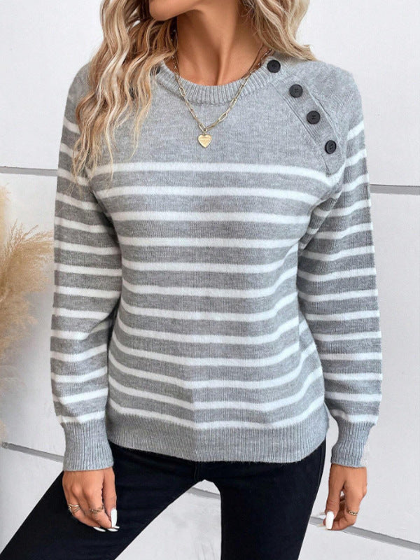 Women's Striped Sweater with Decorative Button Details and Round Neckline