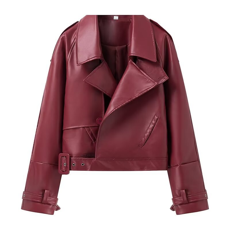 Women's Cropped Faux Leather Jacket with Asymmetric Collar