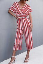 Elegant V-Neck Jumpsuit with Wide Sleeves and Striped Design