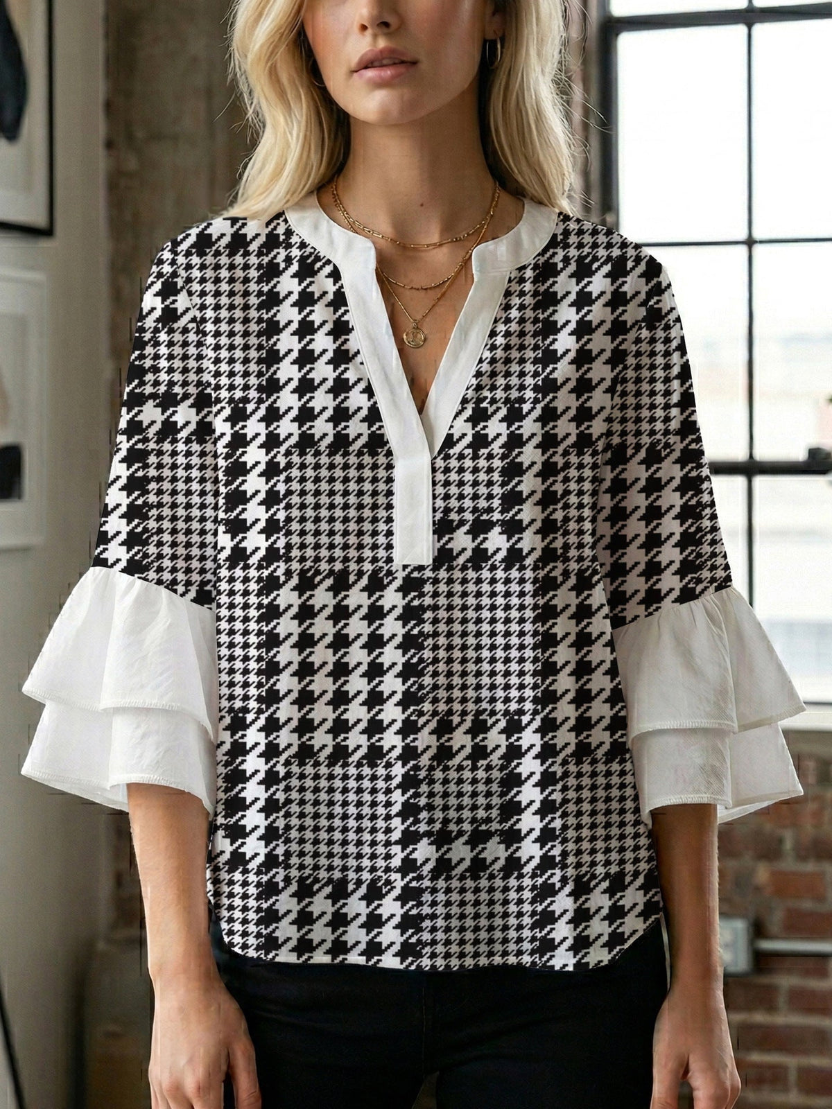 Women's Blouse with Voluminous Ruffle Sleeves and Modern Print