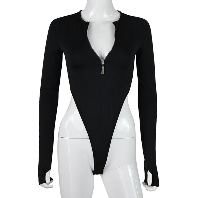 Women's Deep V-Neck Bodysuit with Zipper