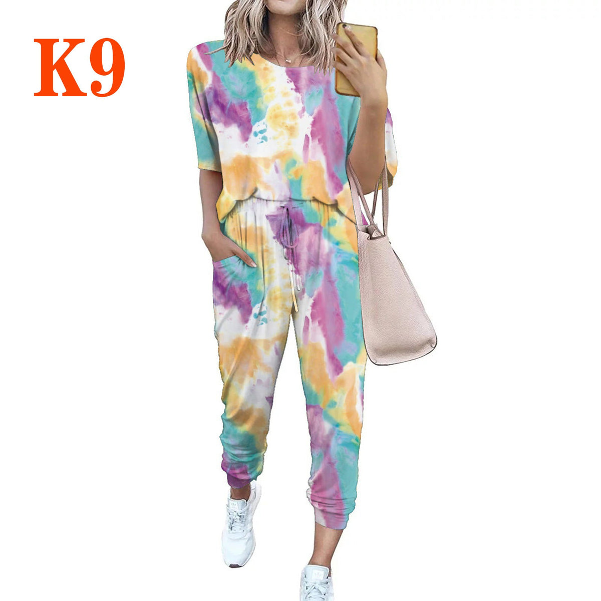 Women's Lightweight Casual Jumpsuit with Tie-Dye Pattern and Pockets
