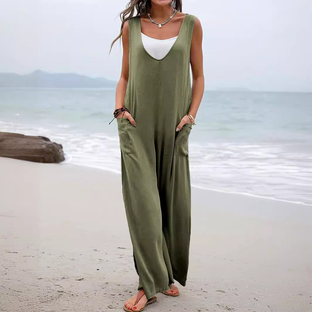 Women's Casual Wide Jumpsuit with V-Neck and Practical Pockets