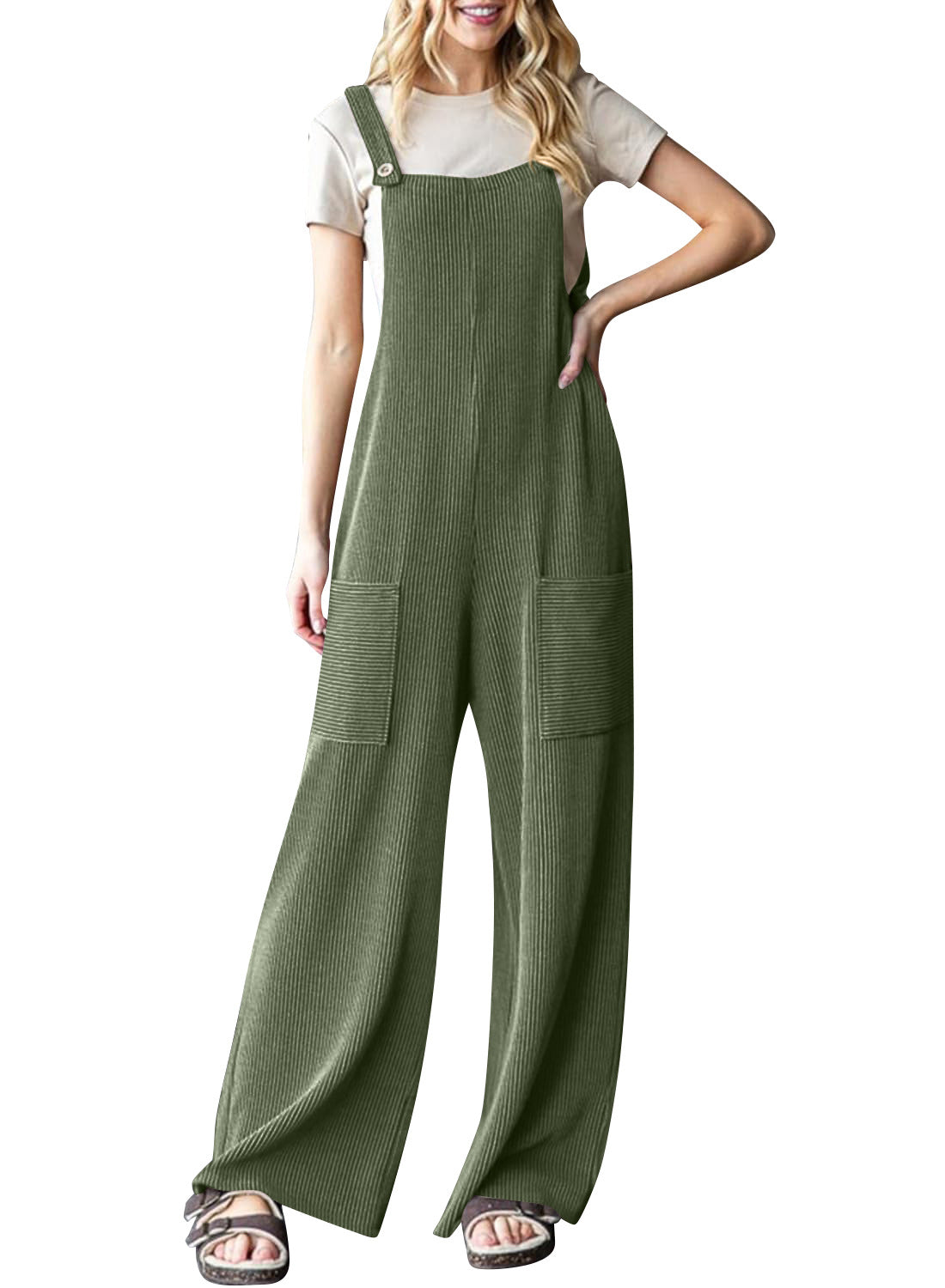 Women's Casual Corduroy Overalls with Pockets and Wide Legs