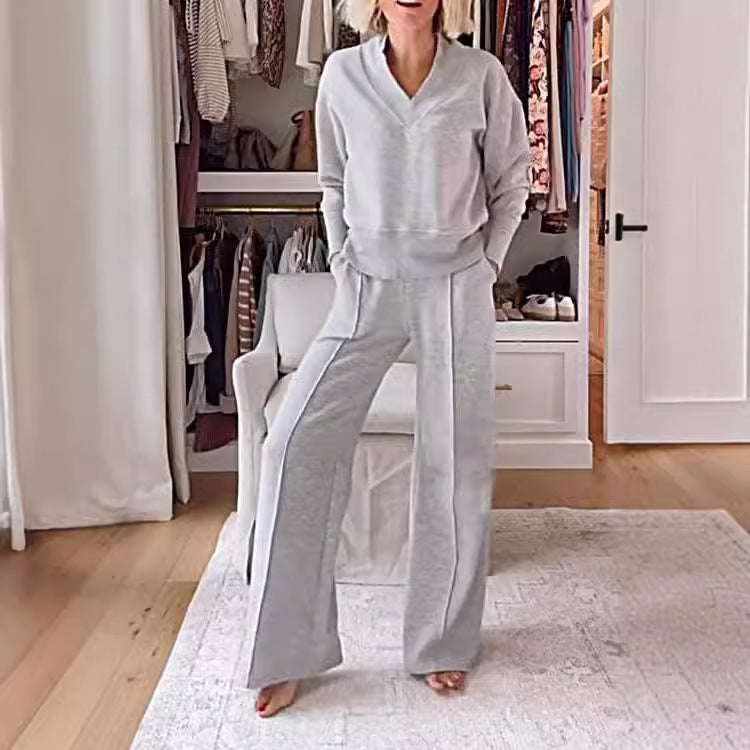 Women's Trendy Leisure Set with Wide Cut and Deep V-Neck