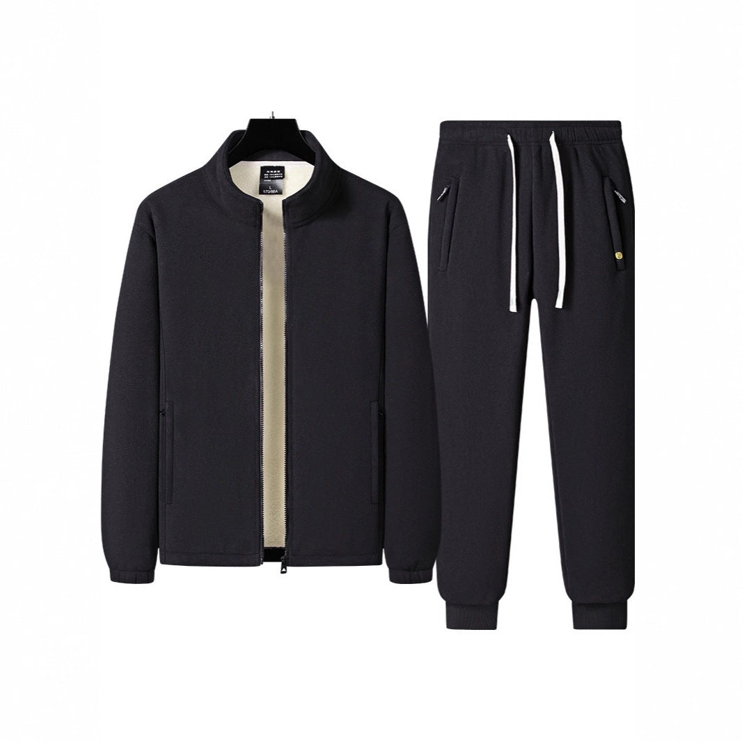 Men's three-piece fleece set with padded vest, stand-up collar jacket, and joggers