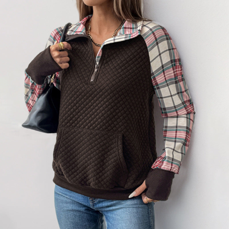 Women's 1/4 Sleeve Sweatshirt with Plaid Details