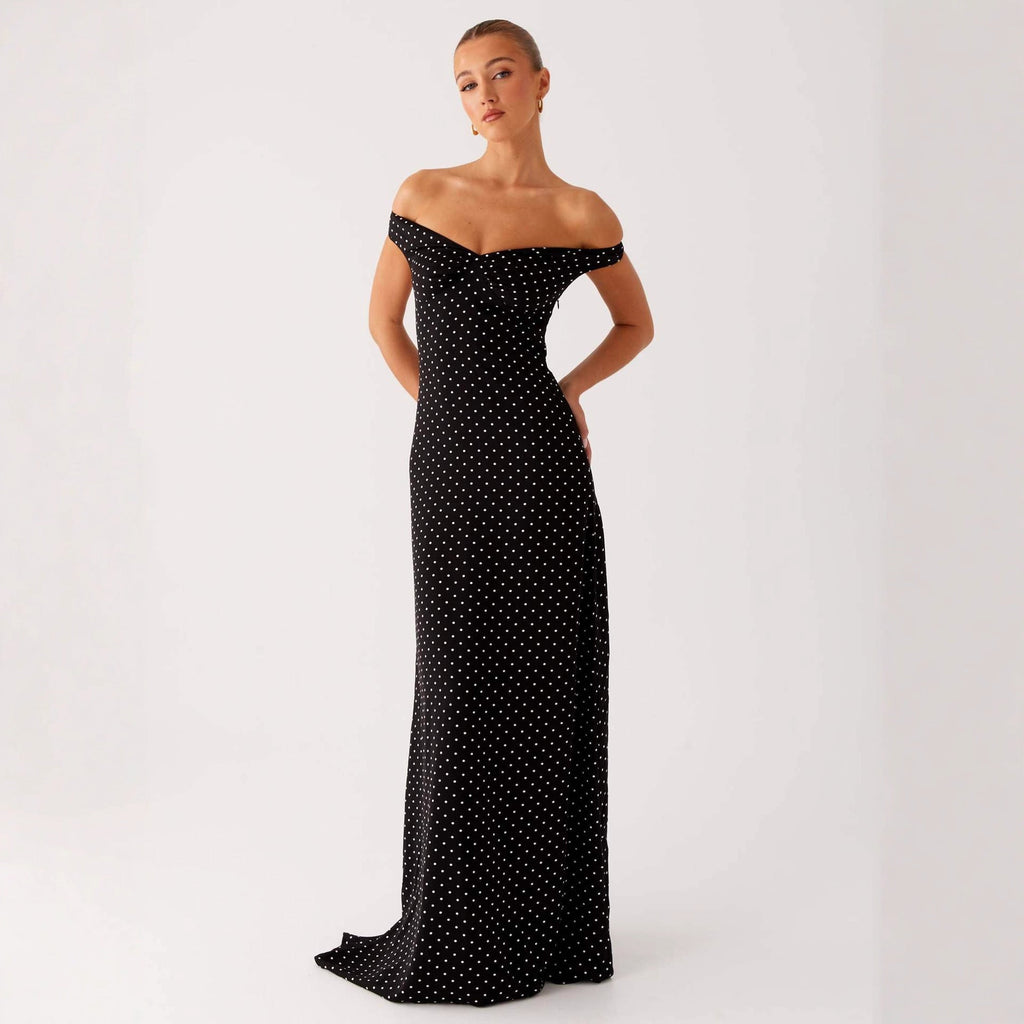 Off-Shoulder Evening Dress with Polka Dot Pattern
