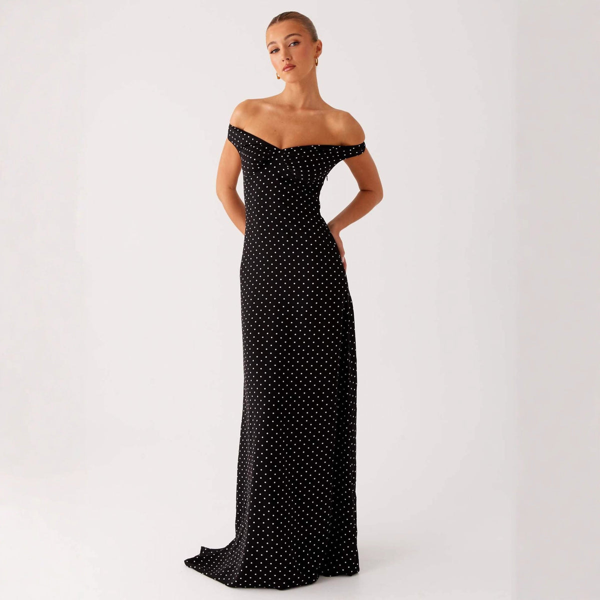 Off-Shoulder Evening Dress with Polka Dot Pattern