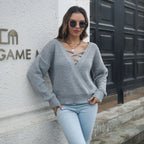 Women's Casual Knit Sweater with V-Neck and Cross Details