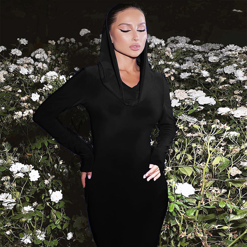 Women's Elegant Evening Dress with Hood and Figure-Hugging Silhouette