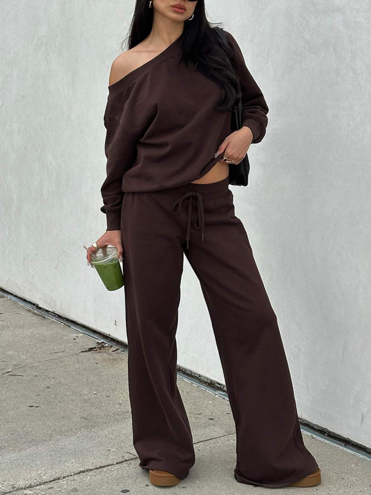 Women's Casual Off-Shoulder Lounge Set with Wide Legs and Drawstring