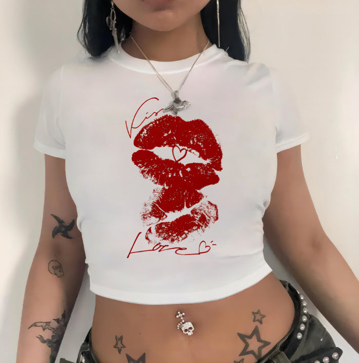 Women's Lips Print Crop T-Shirt