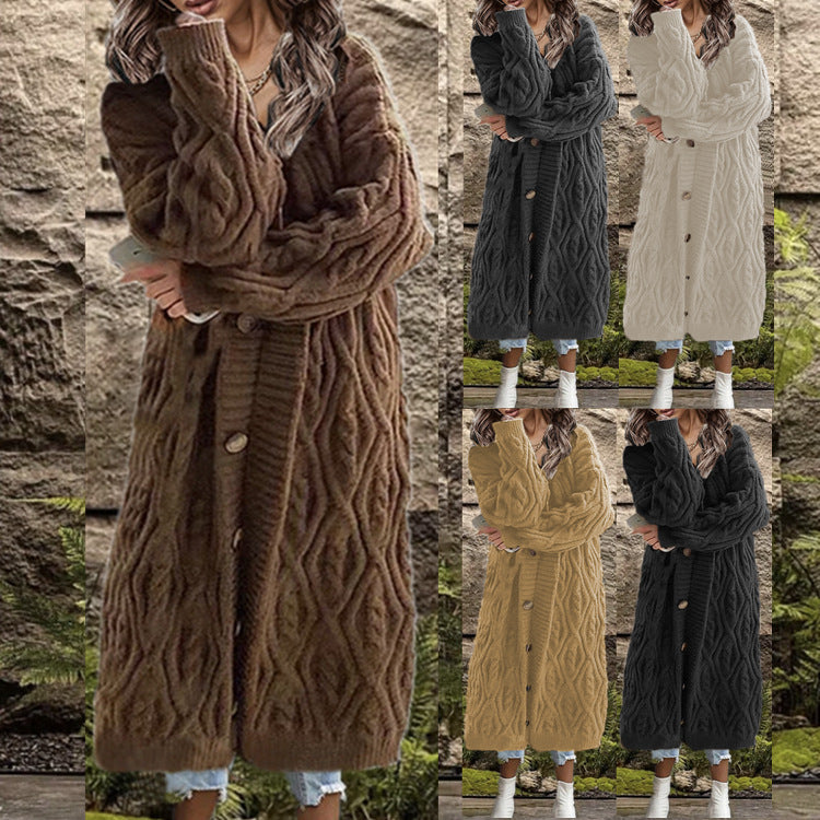 Women's Chunky Knit Coat with Elegant Cable Knit Structure and Buttons