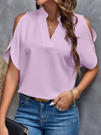 Women's Blouse with Cut-Out Sleeves and Elegant Stand-Up Collar