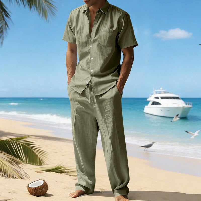 Men's resort-appropriate short-sleeve shirt with chest pocket and casual linen drawstring pants