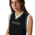 Women's Sleeveless V-Neck Knit Top with Contrast Stripes
