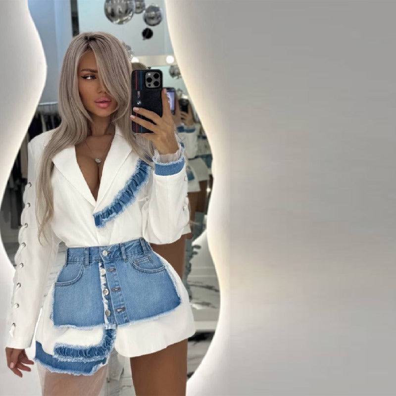 Women's Fashionable Blazer and Skirt Set with Denim Design