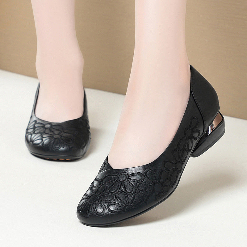 Women's Floral Ballet Flats with Elegant Block Heel