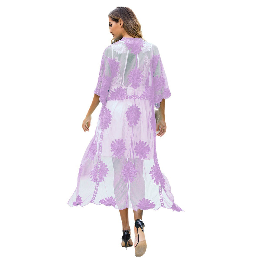 Women's Elegant Crochet Beach Robe with Floral Details and Deep V-Neck