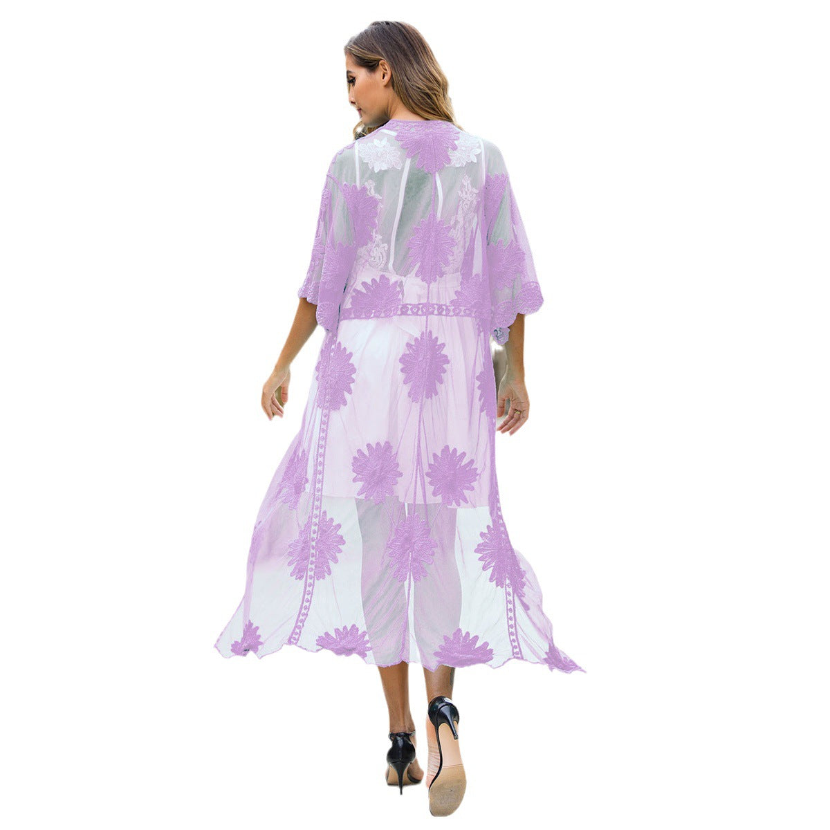Women's Elegant Crochet Beach Robe with Floral Details and Deep V-Neck
