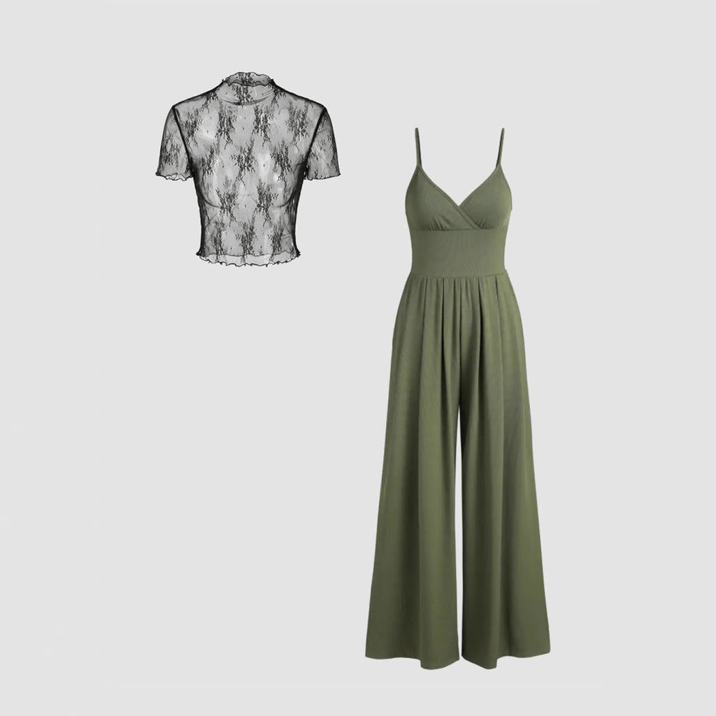 Women's Elegant V-Neck Jumpsuit with Sheer Blouse
