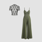 Women's Elegant V-Neck Jumpsuit with Sheer Blouse