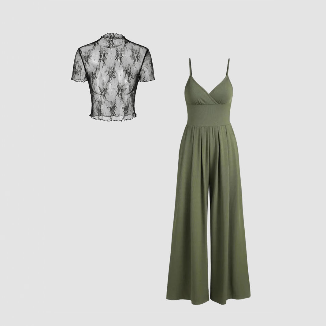Women's Elegant V-Neck Jumpsuit with Sheer Blouse
