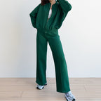 Women's Cozy Leisure Set with Zipper and Wide-Leg Pants