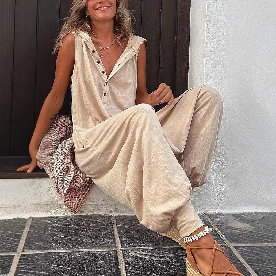 Women's Casual Jumpsuit with Hood and Button Closure