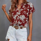 Casual Women's Floral Blouse with Short Button Placket