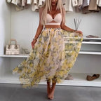 Women's Maxi Skirt with Floral Layers and Transparent Design
