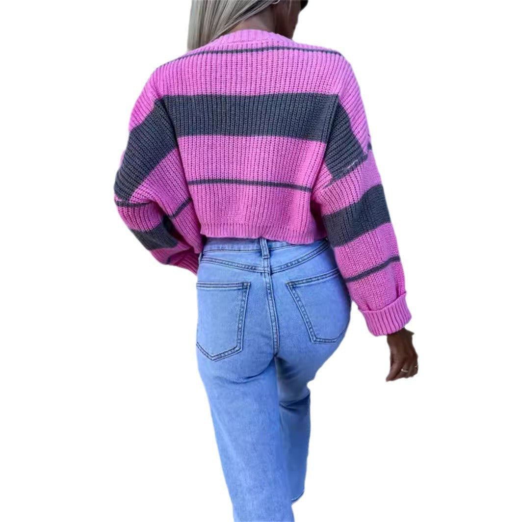 Women's Cropped Knit Sweater with Fashionable Block Stripes
