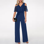 Elegant Jumpsuit with Sheer Sleeve Details and Waist Belt