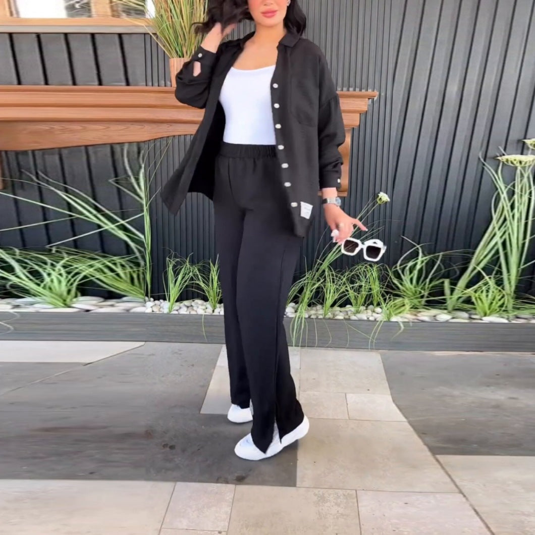 Women's Comfortable Lounge Set with Elegant Blouse and Wide Pants