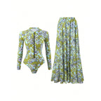 Women's Long-Sleeve Swimsuit with Floral Maxi Skirt