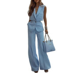 Women's Fashionable Sleeveless Blazer Set with High Collar and Pockets