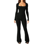 Women's Long Sleeve Romper with Square Neck and Wide Leg