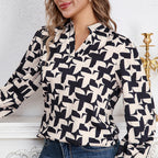 Women's Blouse with Modern Geometric Pattern and Elegant Ruffle Details