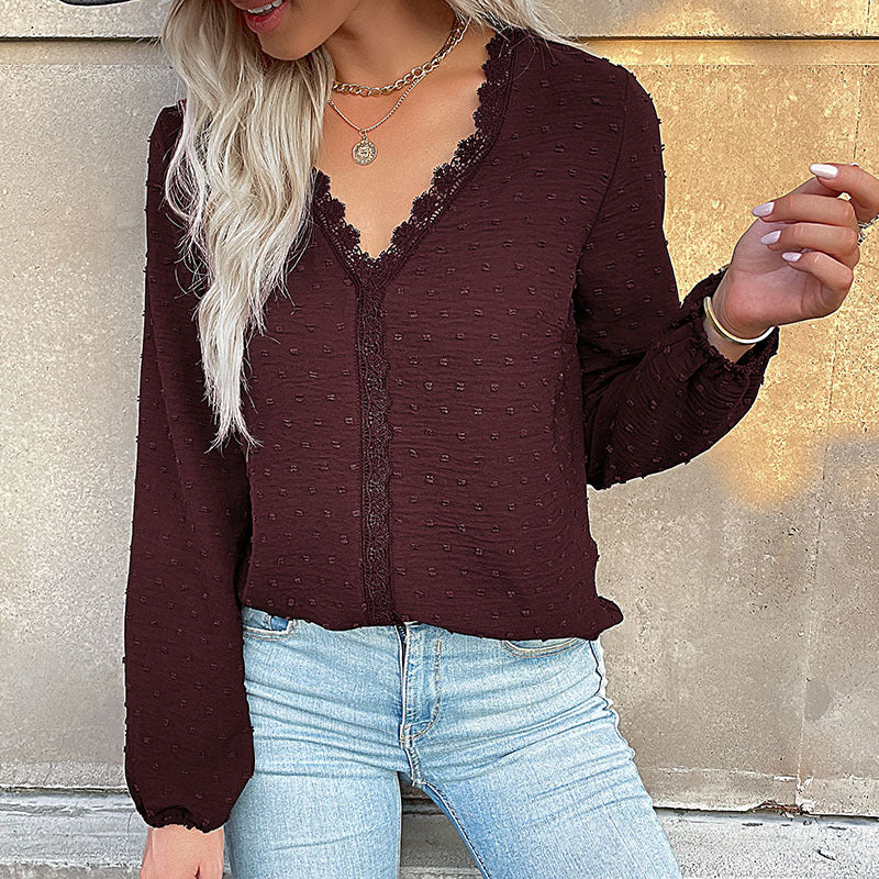 Women's Blouse with Fine Texture Details and Romantic Lace Insert