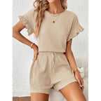 Women's Short-Sleeve Overall with Ruffle Details and Tie Belt