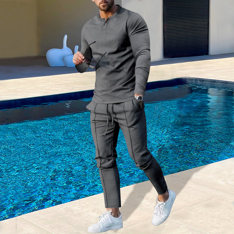 Men's nano athletic Henley long sleeve shirt and tapered jogging pants with decorative seams