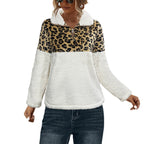 Women's Fleece Sweater with Animal Print and Stand-Up Collar