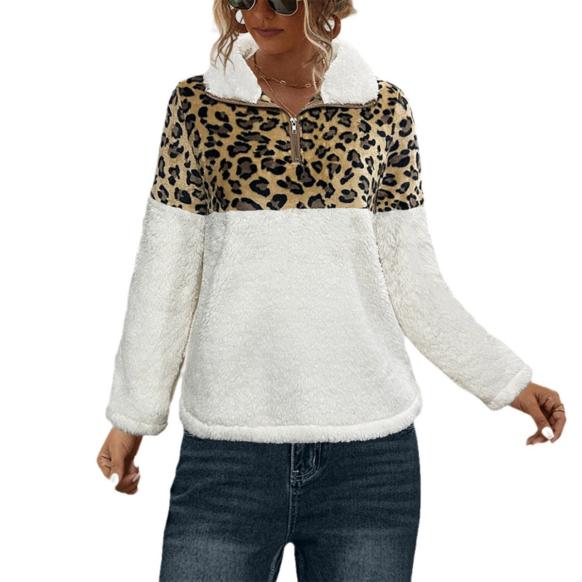 Women's Fleece Sweater with Animal Print and Stand-Up Collar
