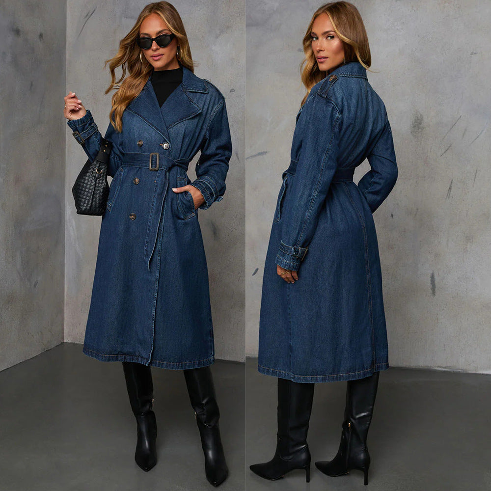 Women's Denim Trench Coat with Belt and Practical Pockets