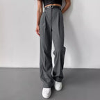 Women's Elegant High-Waist Trousers with Pressed Crease and Tie Belt