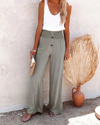 Women's Elegant High-Waisted Wide-Leg Pants with Button Detail