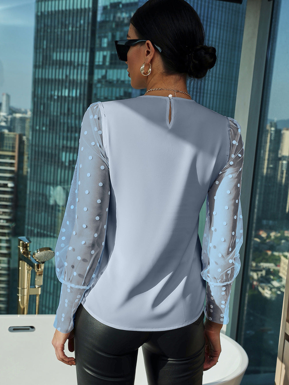 Women's Blouse with Sheer Puff Sleeves and Polka Dots