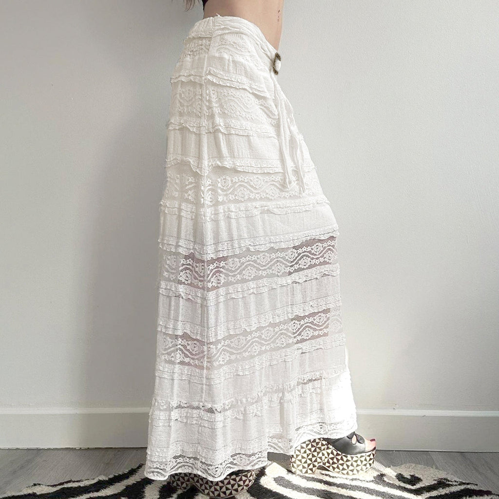 Women's Midi Skirt with Ruffled Hem and Decorative Waist Belt